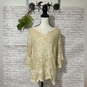 Solitaire Cream Boho Floral Embroidered Handkerchief Doily Blouse